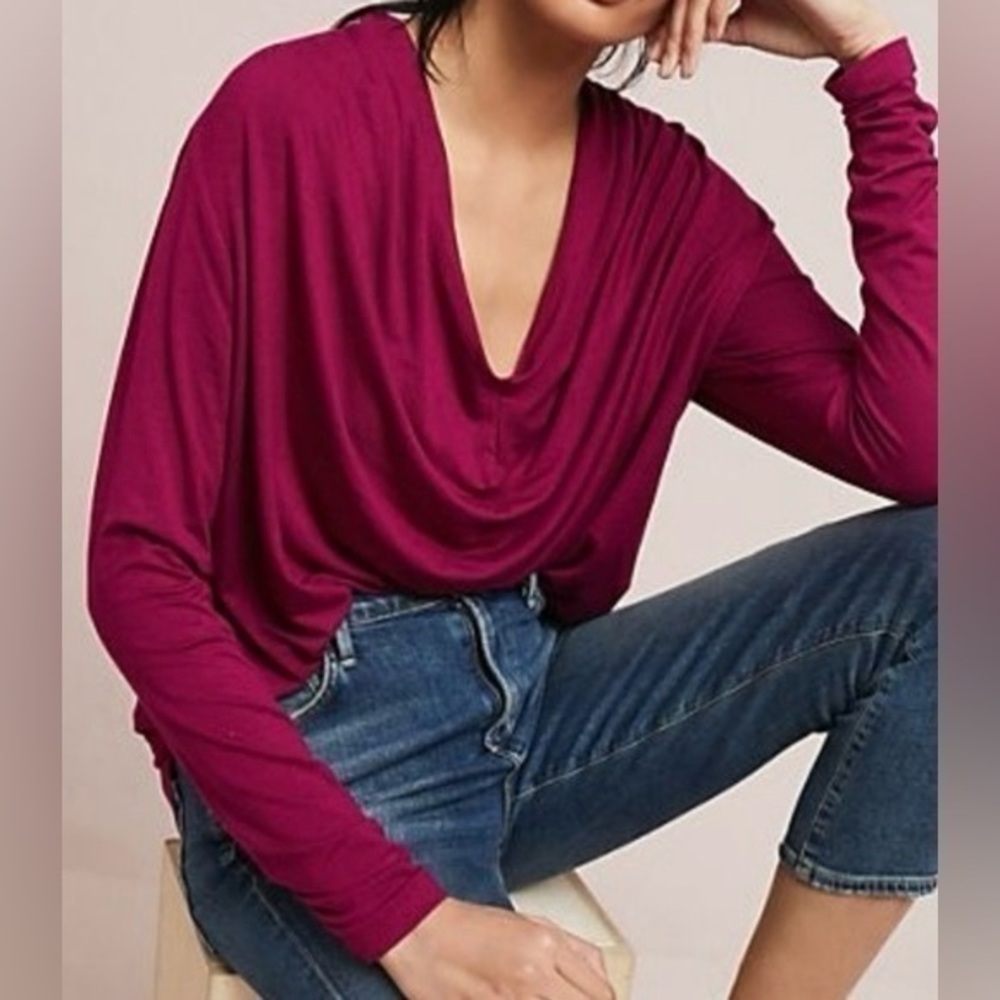 Anthropologie Maeve Melissa Draped Long Sleeve Fuchsia Blouse Sz. XS